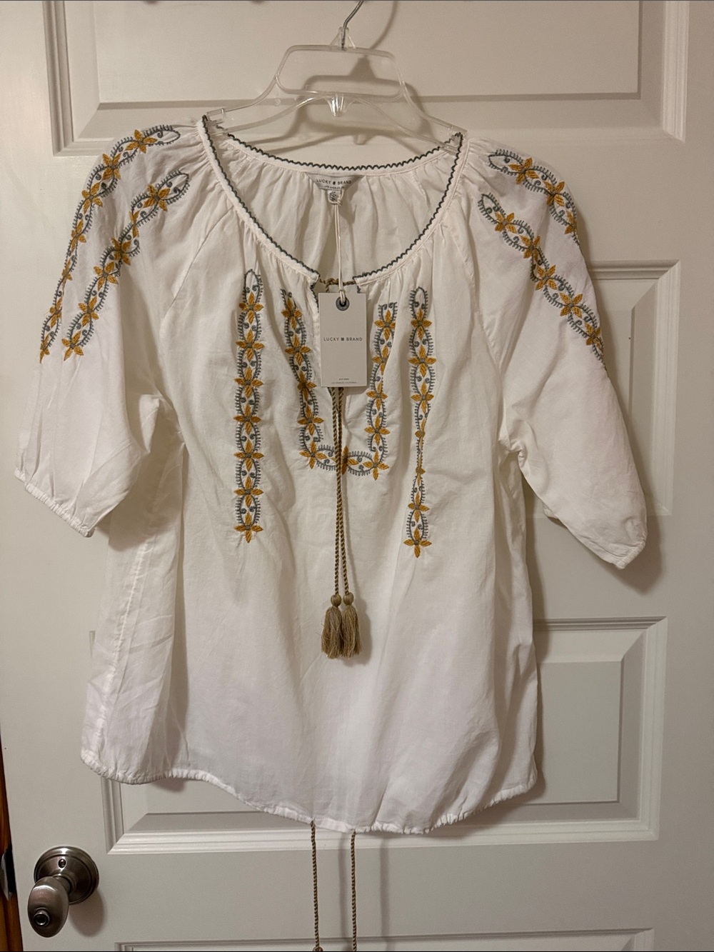 Lucky Brand Cream Peasant Top with Gold and Gray Embroidery